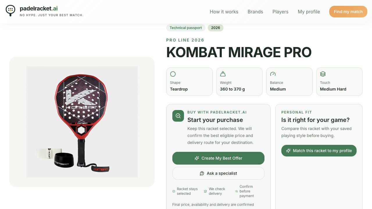 Productpaspoort en koopacties voor de Kombat Mirage Pro